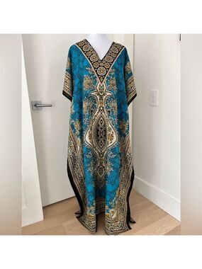 CAFTAN Maxi Dress V Neck Batwing Short Sleeve Adjustable Waist Boho Resortwear